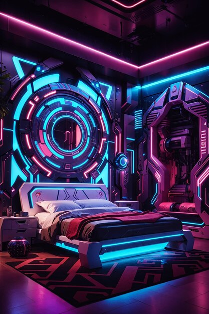 Foto camera da letto futuristica al neon tribal fusion con elementi tribali e informatici