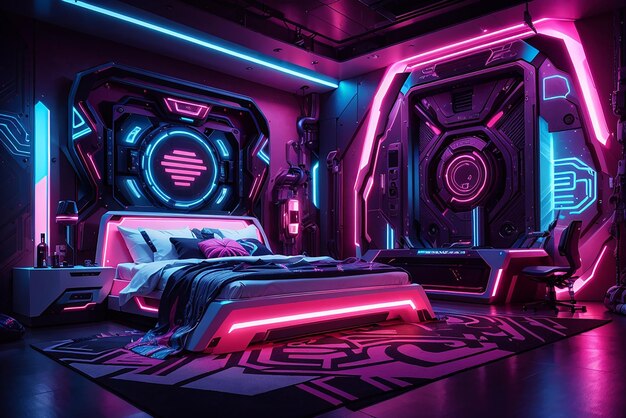 Neon tribal fusion a futuristic bedroom with tribal and cyber elements