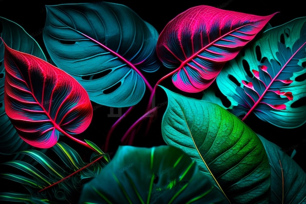 Foto foglie di anthurium tropicale al neon, ai generative