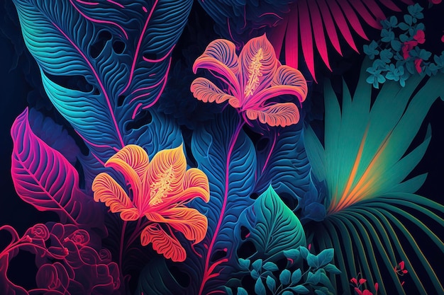 Photo neon tropical flowers and leaves dark background