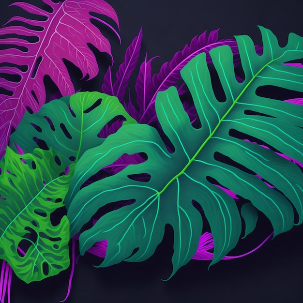 Neon tropical monstera leaf banner