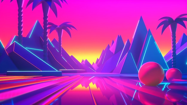 ネオン トロピカル Synthwave テーマ 3 D 抽象的な背景