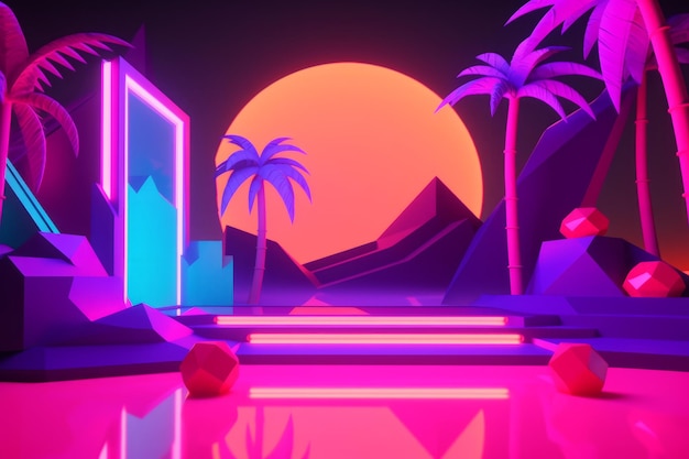 ネオン トロピカル Synthwave テーマ 3 D 抽象的な背景