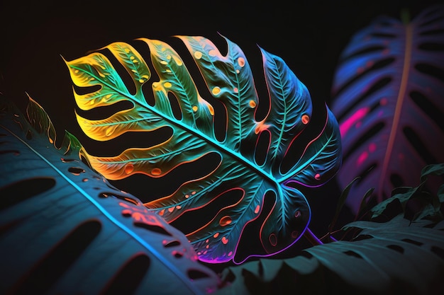 Neon tropische monstera blad achtergrond Illustratie AI generatief