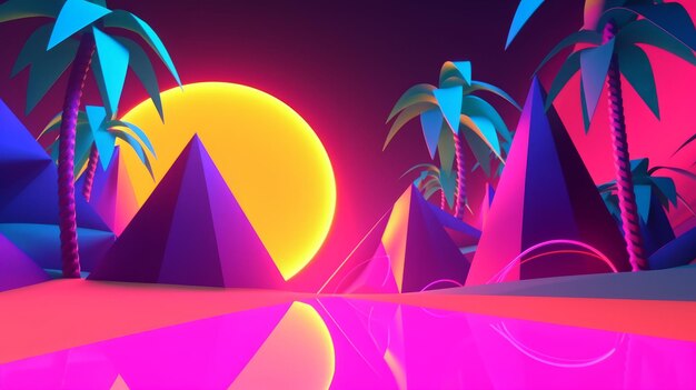 Neon Tropische Synthwave Thema 3D Abstracte Achtergrond