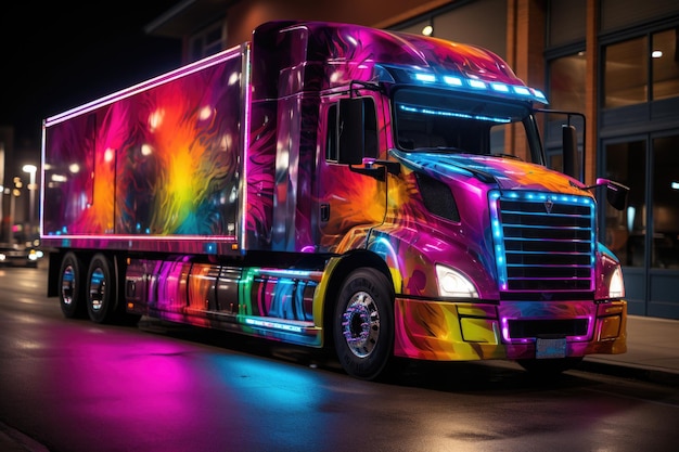 Foto neon truck un'esplosione di colori e luci nella notte urbana generativa ia