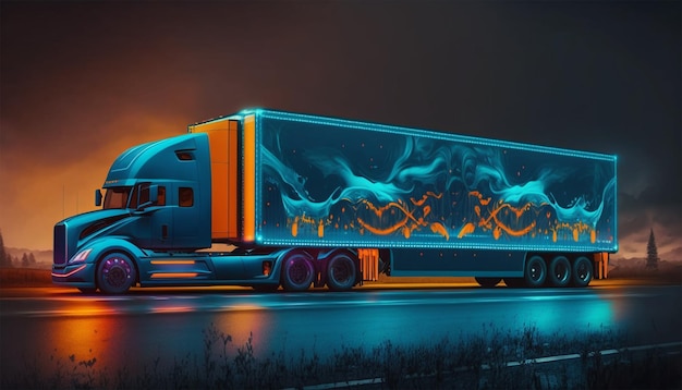 neon truck with Cargo Trailer Drives at Night on the Road Generative AI digital illustration