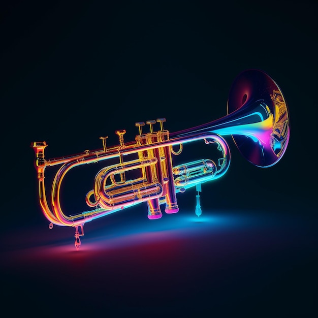 neon trumpet emitting colorful beams of light visualizing the sound