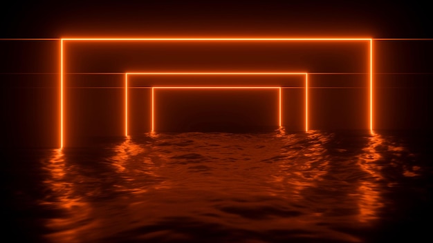 Neon tunnel in orange glow retro futuristic background 3D rendering