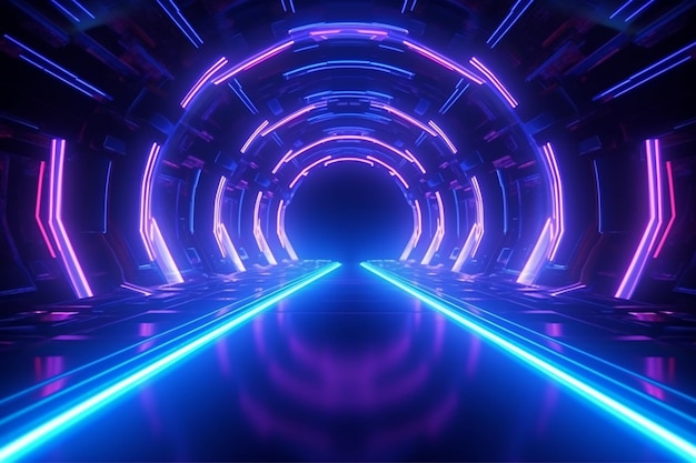 파란색 불빛과 바닥에 디스코라는 단어가 있는 네온 터널.