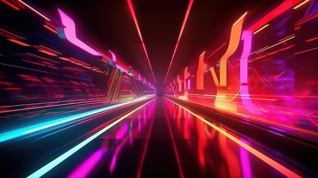 A neon tunnel with a blue and pink light on the left side.