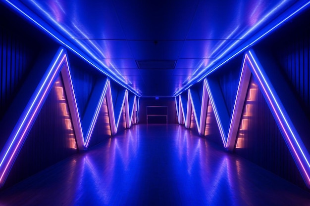 Photo neon tunnel with neon arrows and blue lamps