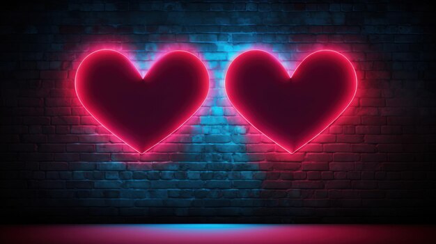 Neon Valentines Day frame with hearts against a brick wall dark background with space for text