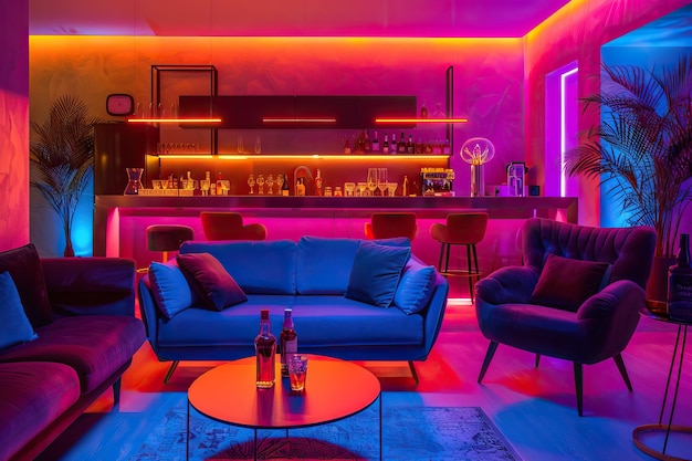 Foto neon verlichte woonkamer met gezellige meubels en dranken