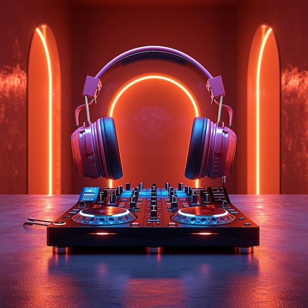 Neon vibes DJ setup in the glow of neon lights and spotlights For Social Media Post Size