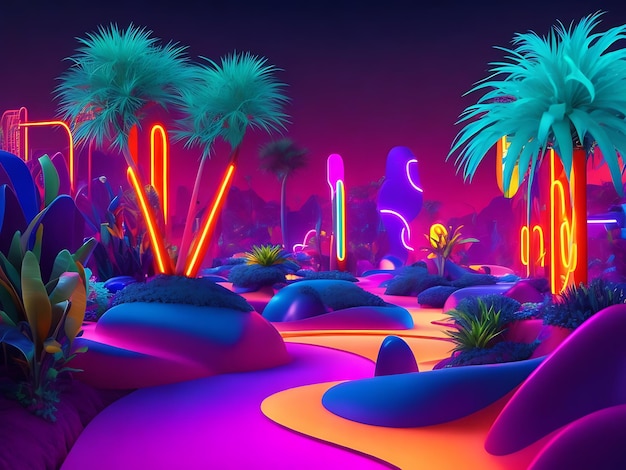 Neon vibrant 3drendered abstract landscape with bold neon colors and brilhantes formas geometricas