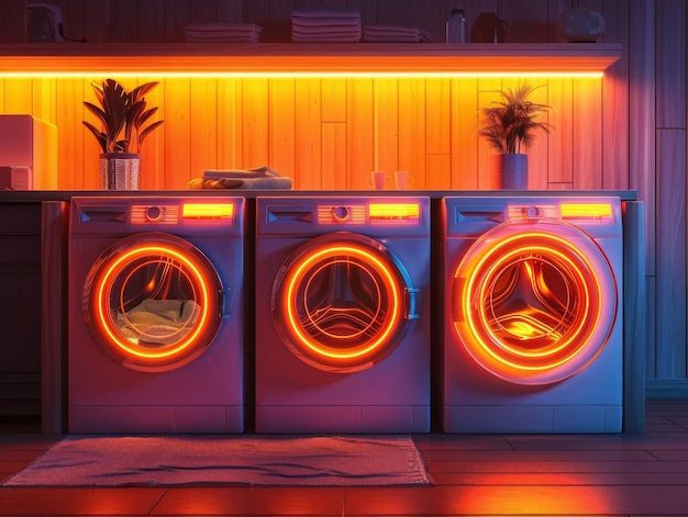 Neon washing machine and dryer in laundry room