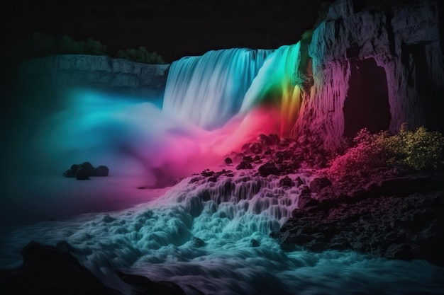 Neon waterfall Water illuminated by multicolored light Generative AI