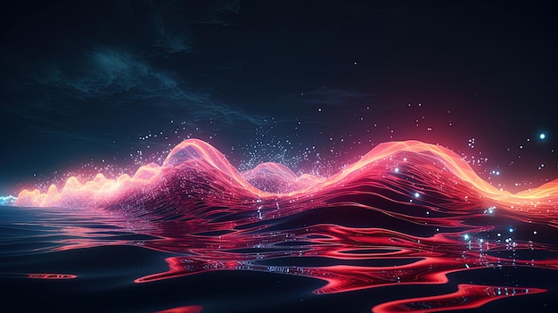 Neon wave dark abstract background AI generation