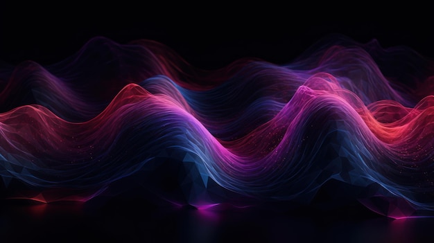 Неоновые волновые узоры на черном фоне в темно-фиолетовых и светло-бордовых цветах Генеративный AI