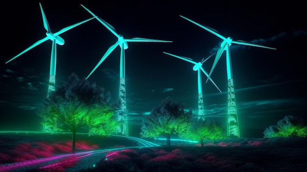 Neon wind turbines for renewable energy Generative ai