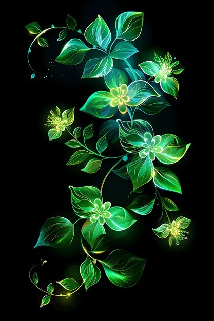 Neon Winding Vine Tendrils with a Leafy Green Texture (ネオン巻きのブドウの茎) ネオ・ヤン・イー・ケイ・コラージュ・グロー・アウトライン・デザインを流れる緑の葉状のテクスチャー