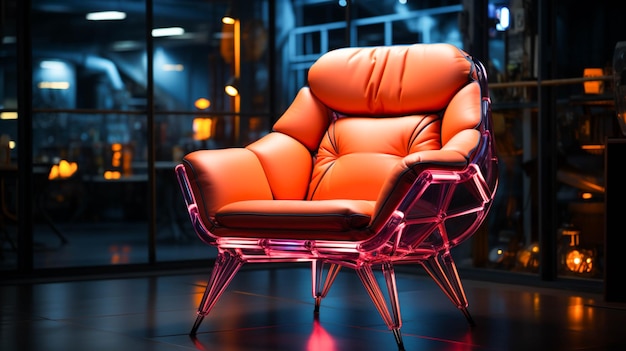 어두운 배경에 주황색 분홍색 빛이 나는 네온 와이어 의자