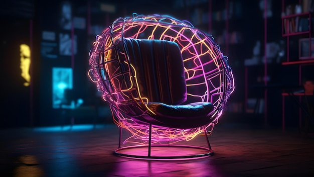 Neon wire chair with a yellow pink and blue glow on dark background neural network generated image