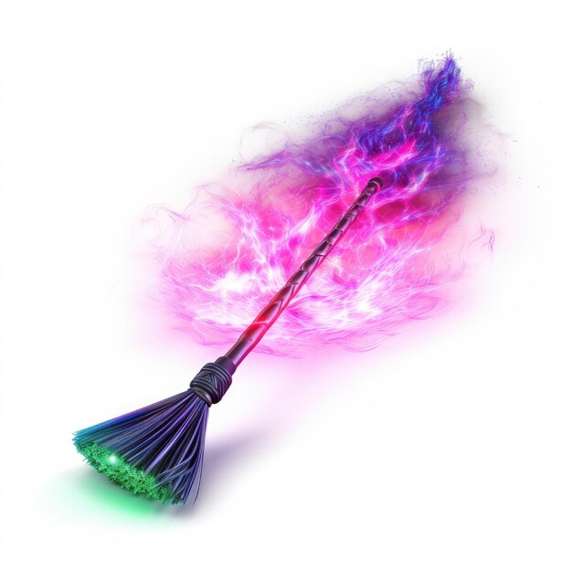 Photo neon witchs broom on isolated white background