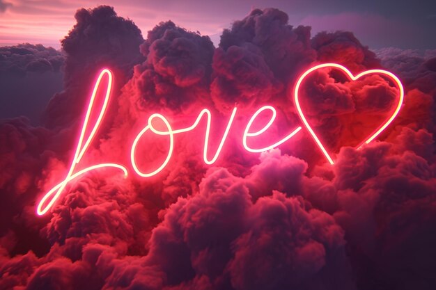 Neon word Love with fluffy clouds glowing intensely against a dusk sky creating a surreal and romantic atmosphere thats perfect for evocative and dreamy themes in art and design Generative AI