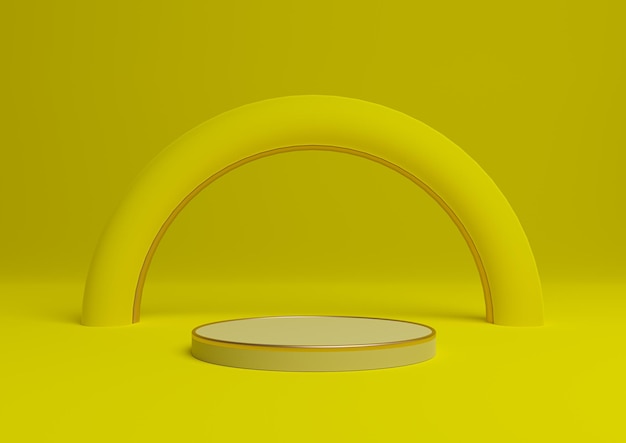 Supporto per podio con esposizione di prodotti semplici giallo neon 3d linee dorate arco minimale geometrico e lussuoso