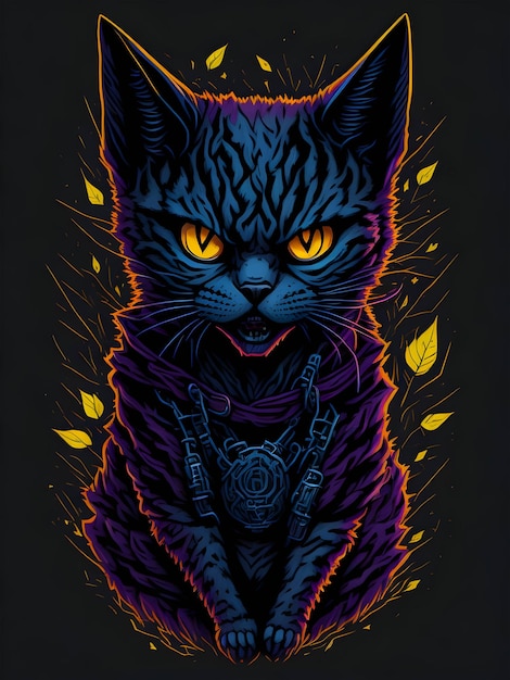 Neon zwarte kat op zwarte achtergrond voor Halloween illustratie