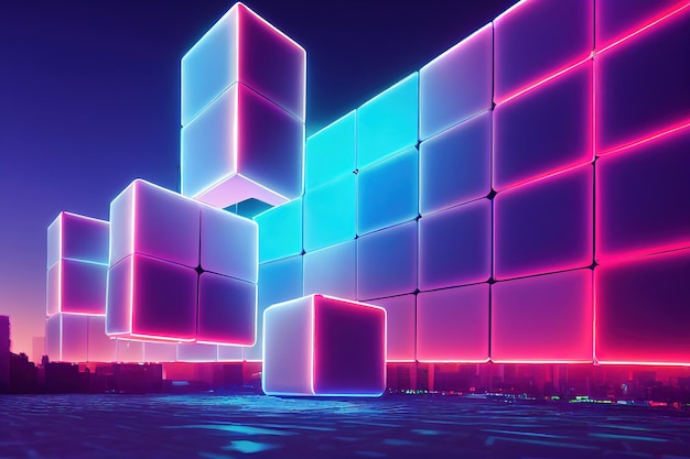 Neonachtergrond met kubussen geometrisch voorwerp dat in neonlicht gloeit