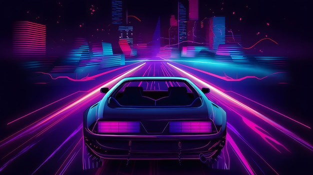 Neonauto's razen door de stad in epische outrun art-stijl met donkere retrowave-vibes en synthwave-neonretrofuturisme uit de jaren 80