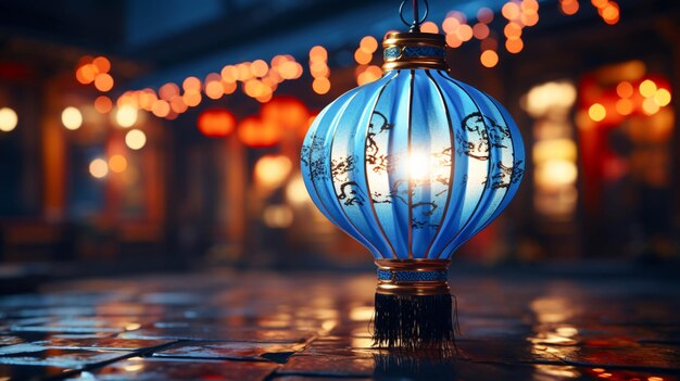 Foto neonblauwe chinese lantaarn met wazige achtergrond 3d-lantaarn rendering