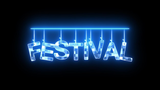 Neonbord met het woord FESTIVAL in hoofdletters gloeiend in blauw op een donkere achtergrond