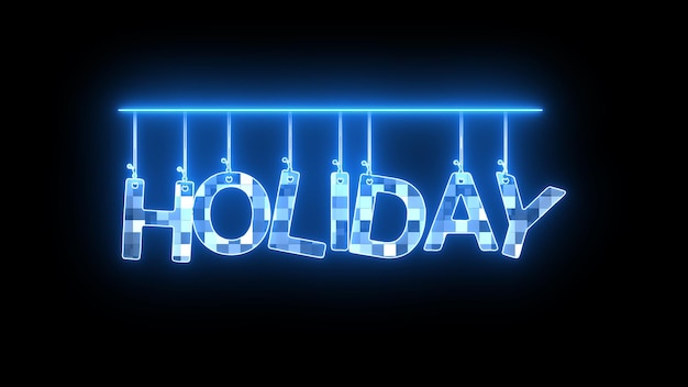 Neonbord met het woord HOLIDAY in blauw gloeiend op een donkere achtergrond