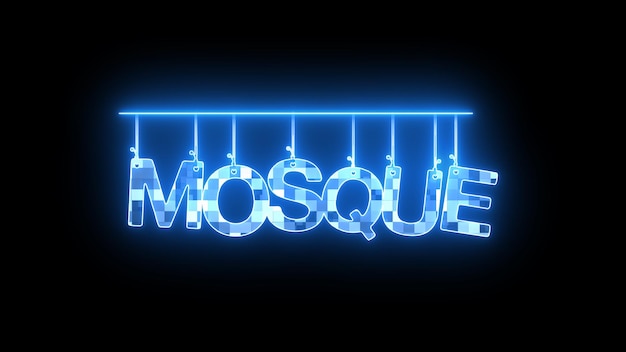 Neonbord met het woord MOSQUE in blauw op een zwarte achtergrond