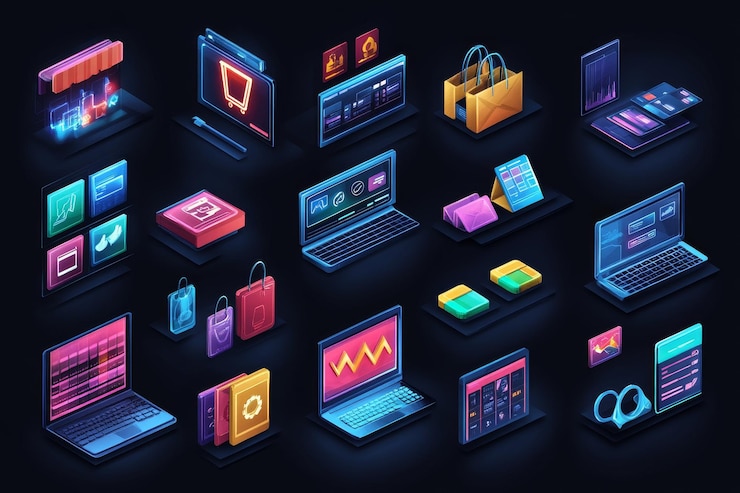 Photo neoncolored isometric illustrations of ecommerce shopping