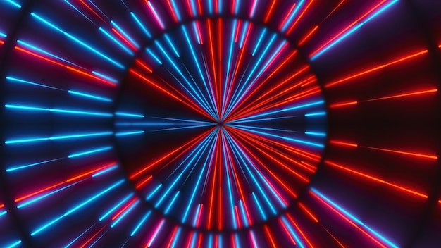 Neoncompositie met heldere vormen zoals neontunnel bevindt zich in de donkere ruimte 3D render computer gegenereerde achtergrond