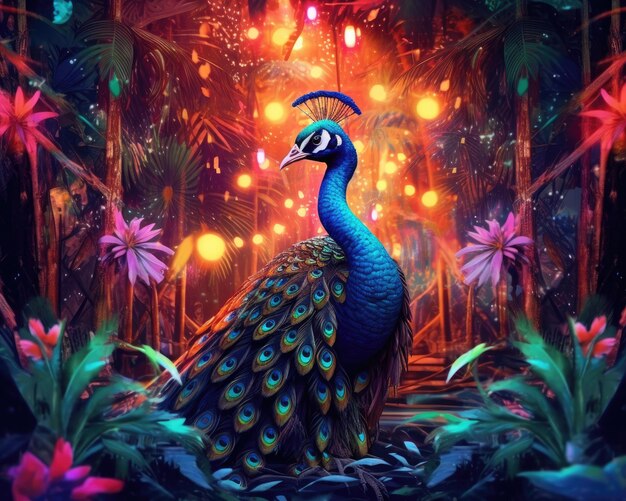 A neonglowing peacock in jungle at night Generative AI