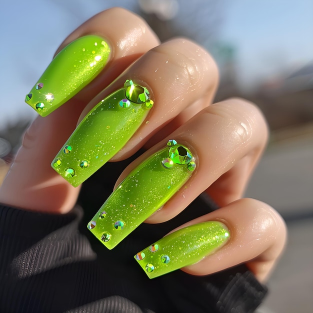 neongroene nagellak met rhinestones