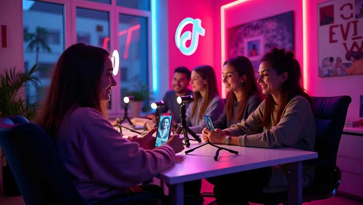 Foto neonhued tiktok live sessie met makers