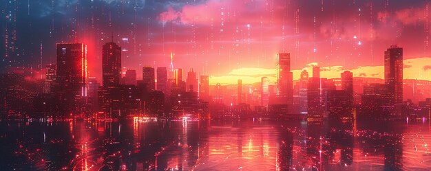 Photo neoninfused cityscapes where data flows background