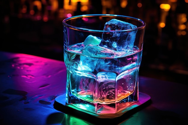 Neonkleurige ijsblokjes gloeien in een cocktailglas in een donkere bar
