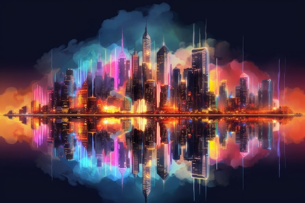 Neonkleurige stadsgezicht skyline 's nachts Generatieve AI