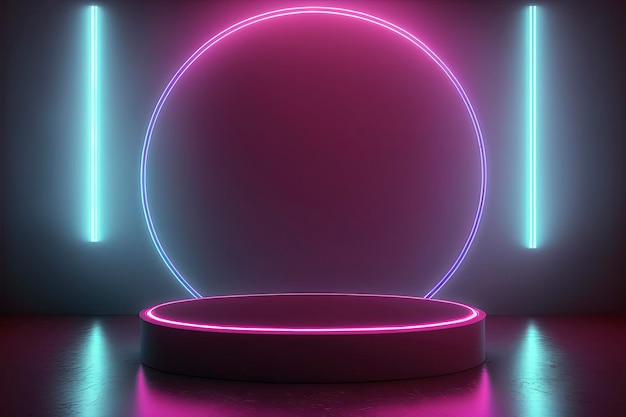 Neonlicht achter rond podium.