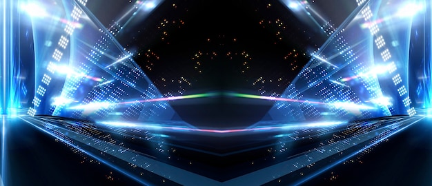 Neonlicht en lasershow. Laser futuristische vormen op een donkere achtergrond. Blauw neonlicht, symmetrische reflectie
