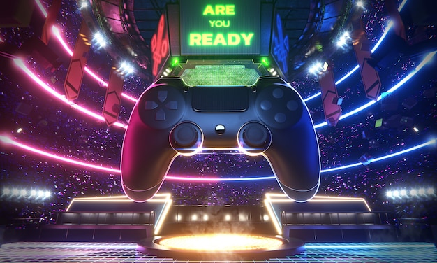 Neonlicht gloed e-sport arena met de grote joypad in het middelste stadion