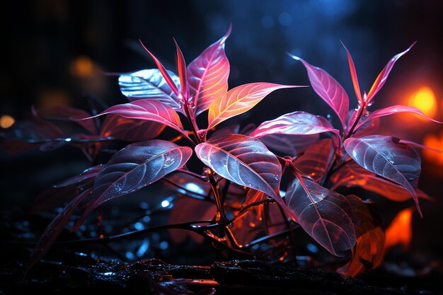 Neonlicht schijnt door een blad.